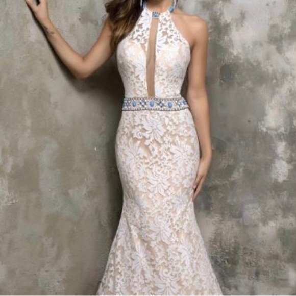 Nina Canacci Cream Blue Beaded Lace Embroidered Mermaid Event wedding Dress Sz 6 - Picture 1 of 16